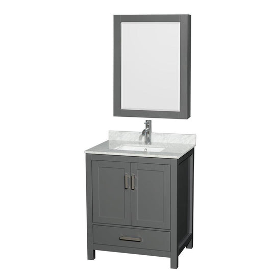 Wyndham Collection Sheffield 30" Single Bathroom Vanity in Dark Gray, White Carrara Marble Countertop, Undermount Square Sink, and Medicine Cabinet
