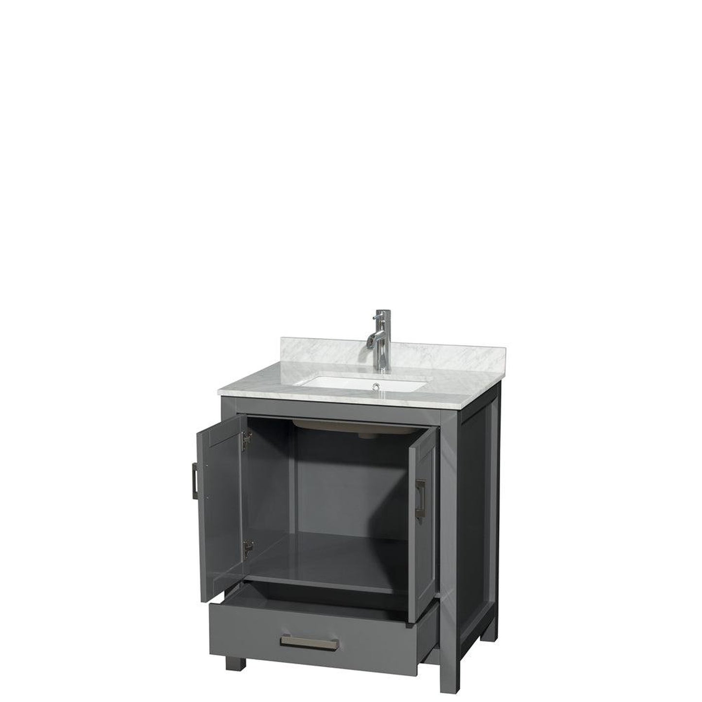 Wyndham Collection Sheffield 30" Single Bathroom Vanity in Dark Gray, White Carrara Marble Countertop, Undermount Square Sink, and No Mirror