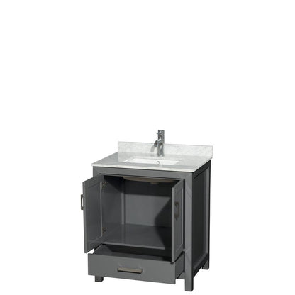Wyndham Collection Sheffield 30" Single Bathroom Vanity in Dark Gray, White Carrara Marble Countertop, Undermount Square Sink, and No Mirror