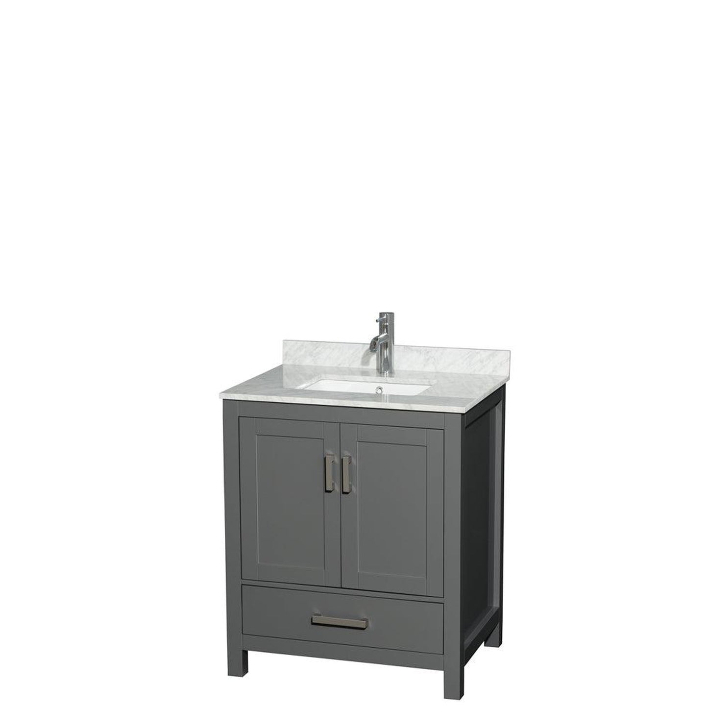 Wyndham Collection Sheffield 30" Single Bathroom Vanity in Dark Gray, White Carrara Marble Countertop, Undermount Square Sink, and No Mirror