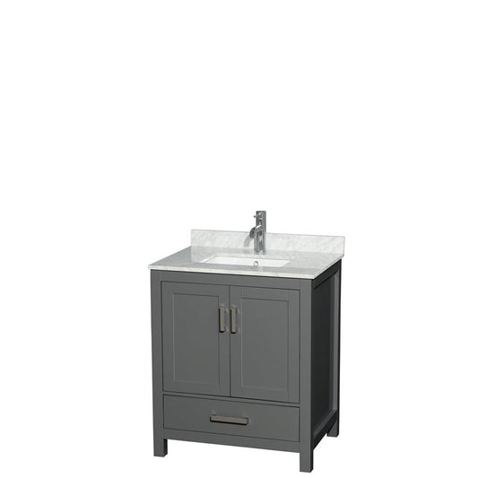 Wyndham Collection Sheffield 30" Single Bathroom Vanity in Dark Gray, White Carrara Marble Countertop, Undermount Square Sink, and No Mirror
