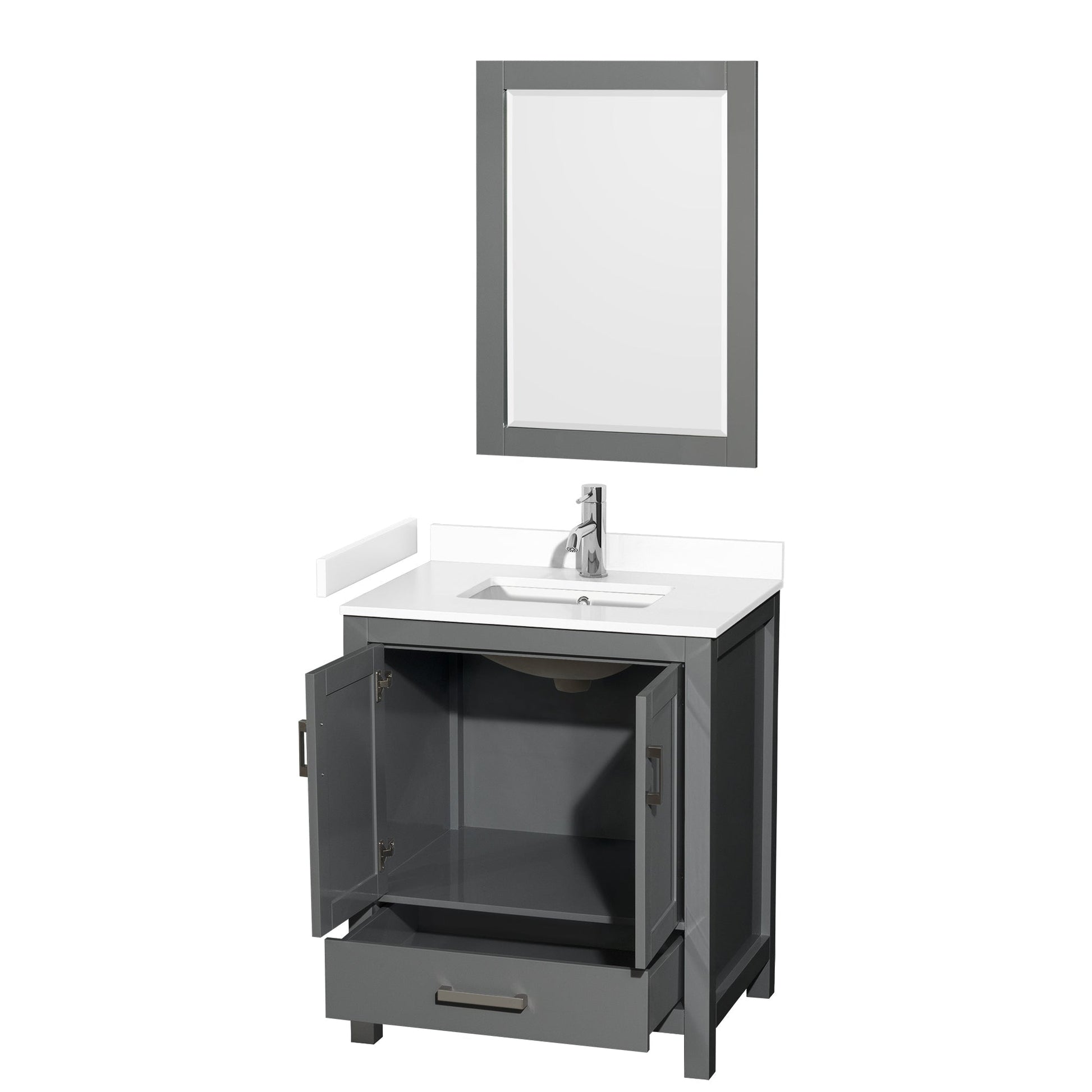 Wyndham Collection Sheffield 30" Single Bathroom Vanity in Dark Gray, White Cultured Marble Countertop, Undermount Square Sink, 24" Mirror