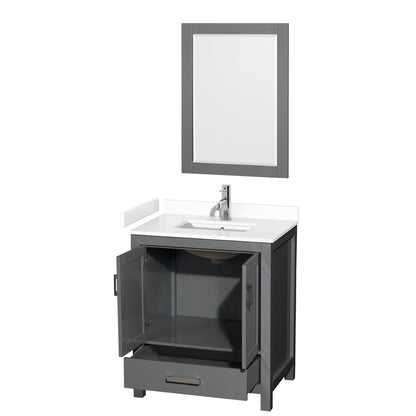 Wyndham Collection Sheffield 30" Single Bathroom Vanity in Dark Gray, White Cultured Marble Countertop, Undermount Square Sink, 24" Mirror