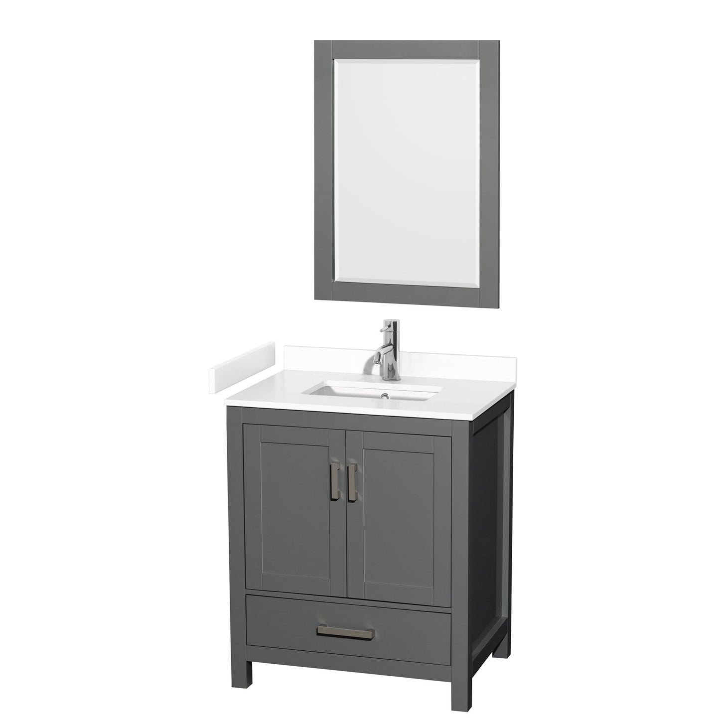 Wyndham Collection Sheffield 30" Single Bathroom Vanity in Dark Gray, White Cultured Marble Countertop, Undermount Square Sink, 24" Mirror