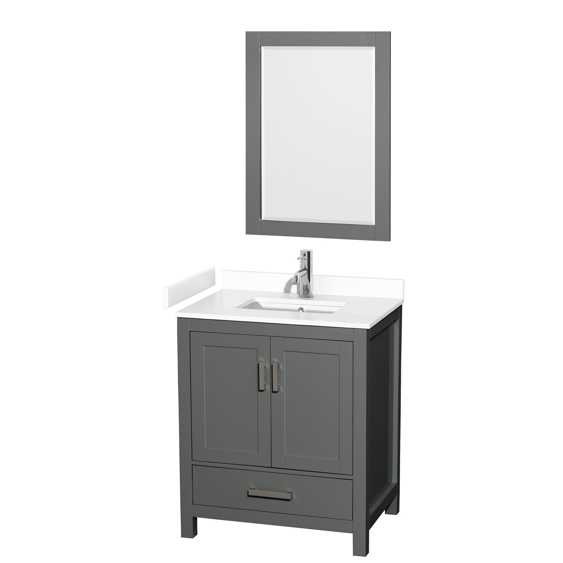 Wyndham Collection Sheffield 30" Single Bathroom Vanity in Dark Gray, White Cultured Marble Countertop, Undermount Square Sink, 24" Mirror