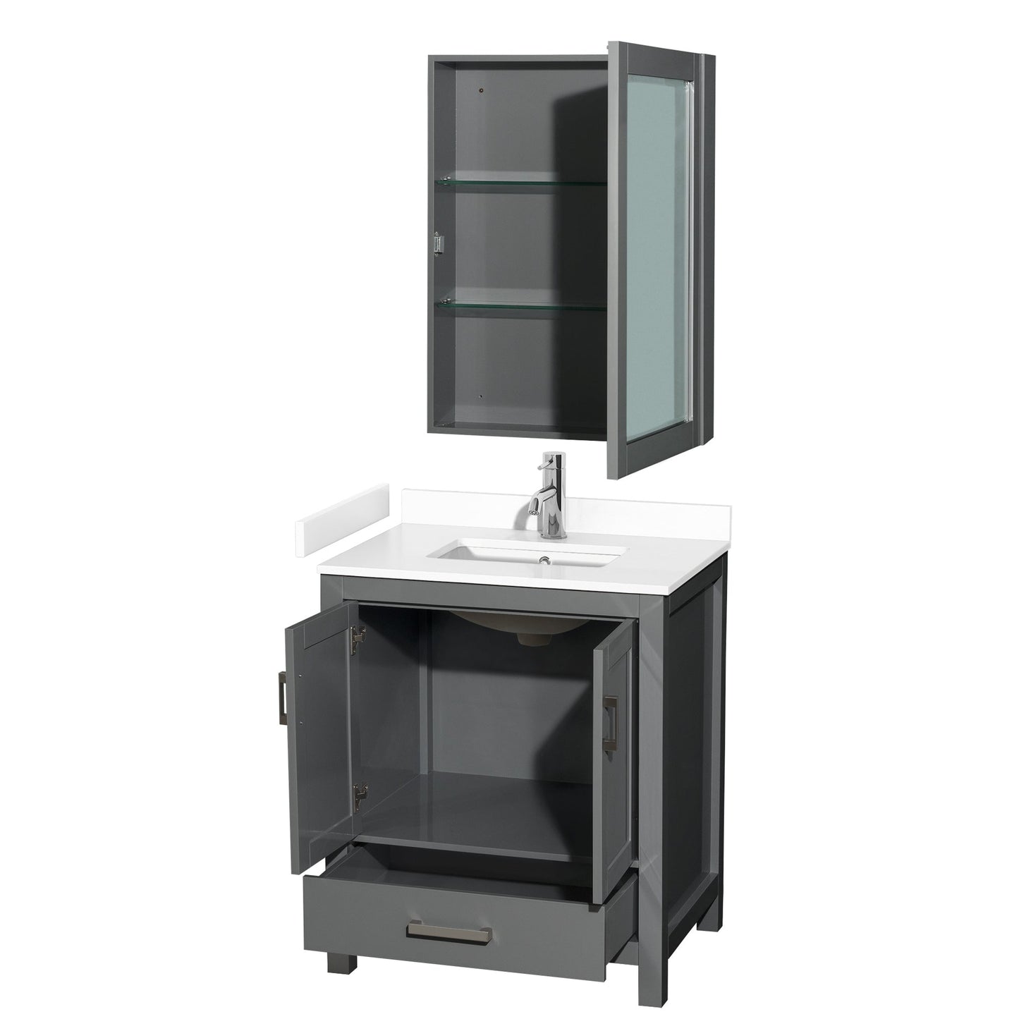 Wyndham Collection Sheffield 30" Single Bathroom Vanity in Dark Gray, White Cultured Marble Countertop, Undermount Square Sink, Medicine Cabinet