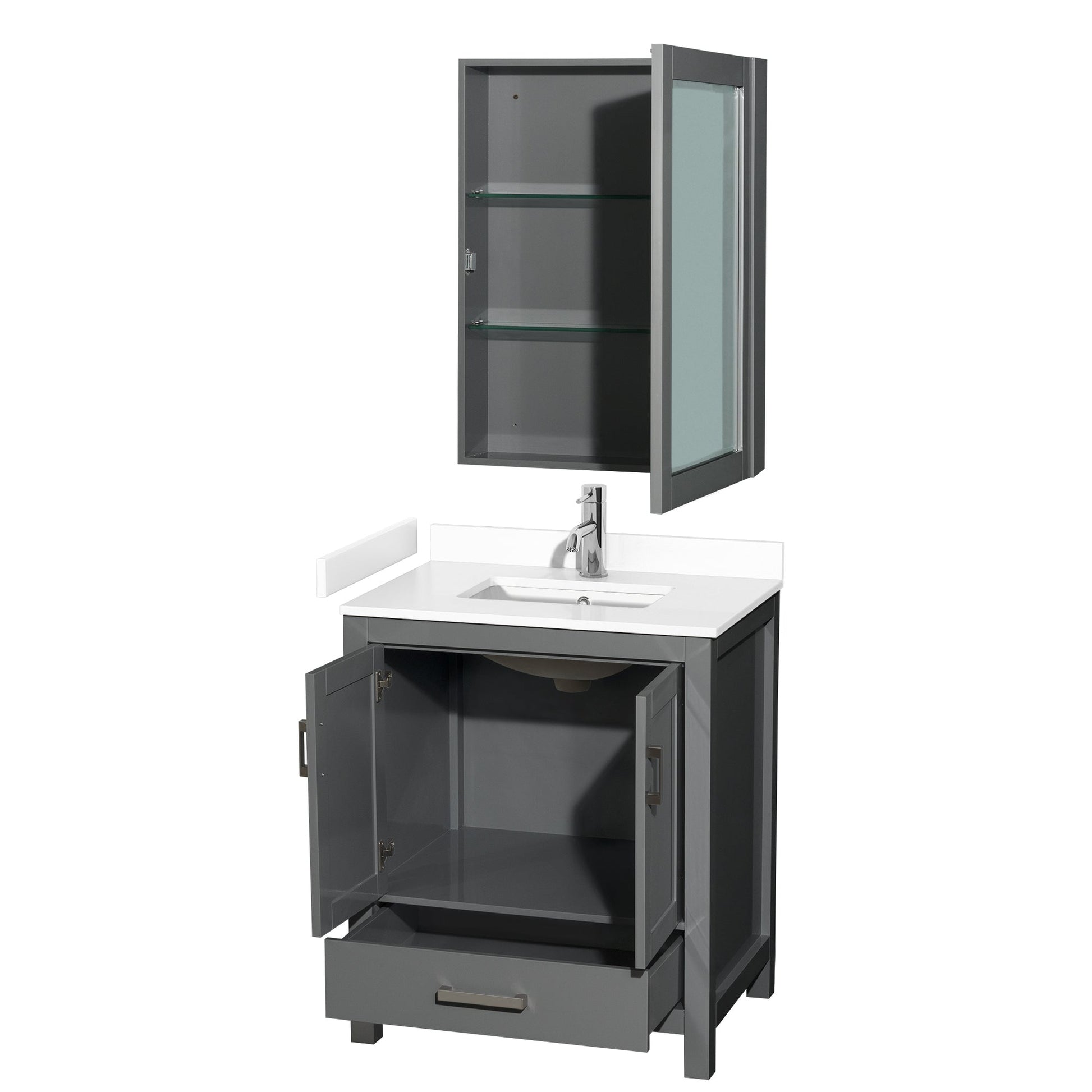 Wyndham Collection Sheffield 30" Single Bathroom Vanity in Dark Gray, White Cultured Marble Countertop, Undermount Square Sink, Medicine Cabinet