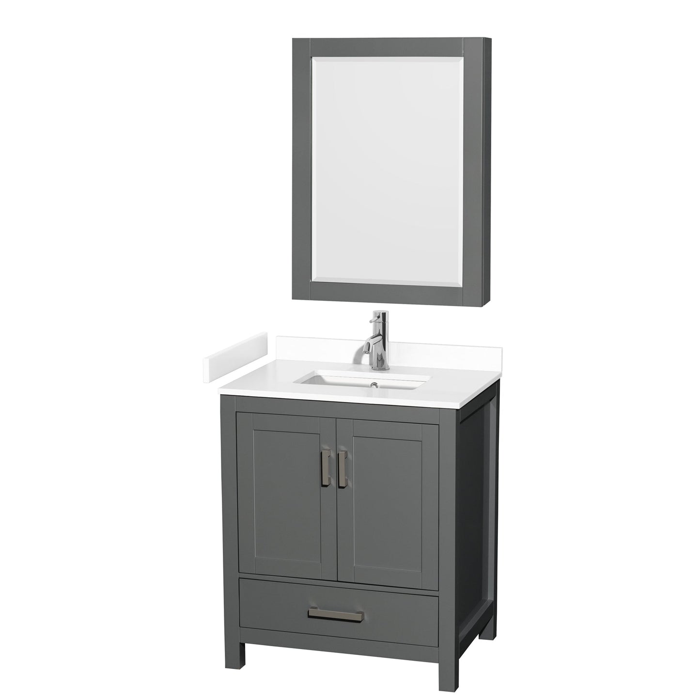 Wyndham Collection Sheffield 30" Single Bathroom Vanity in Dark Gray, White Cultured Marble Countertop, Undermount Square Sink, Medicine Cabinet