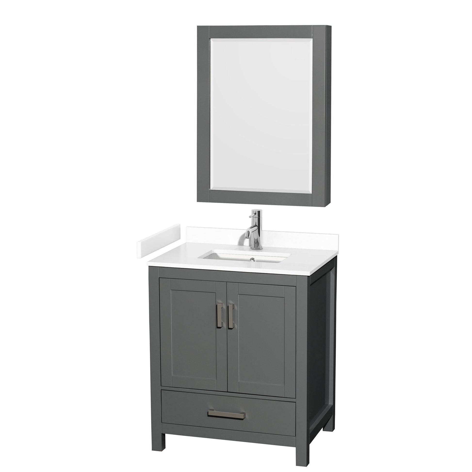 Wyndham Collection Sheffield 30" Single Bathroom Vanity in Dark Gray, White Cultured Marble Countertop, Undermount Square Sink, Medicine Cabinet