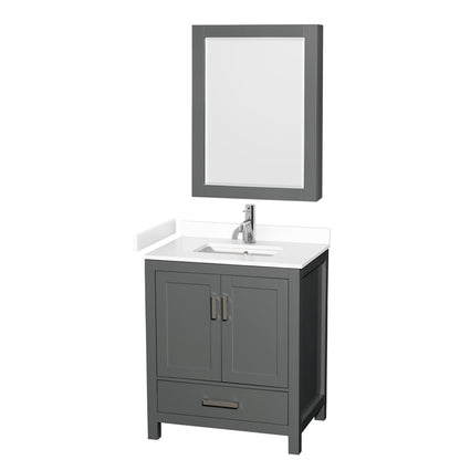 Wyndham Collection Sheffield 30" Single Bathroom Vanity in Dark Gray, White Cultured Marble Countertop, Undermount Square Sink, Medicine Cabinet
