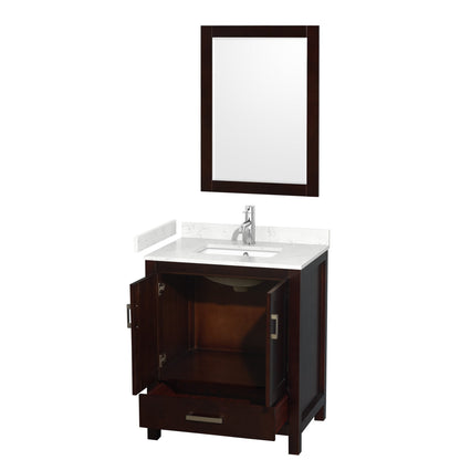 Wyndham Collection Sheffield 30" Single Bathroom Vanity in Espresso, Carrara Cultured Marble Countertop, Undermount Square Sink, 24" Mirror