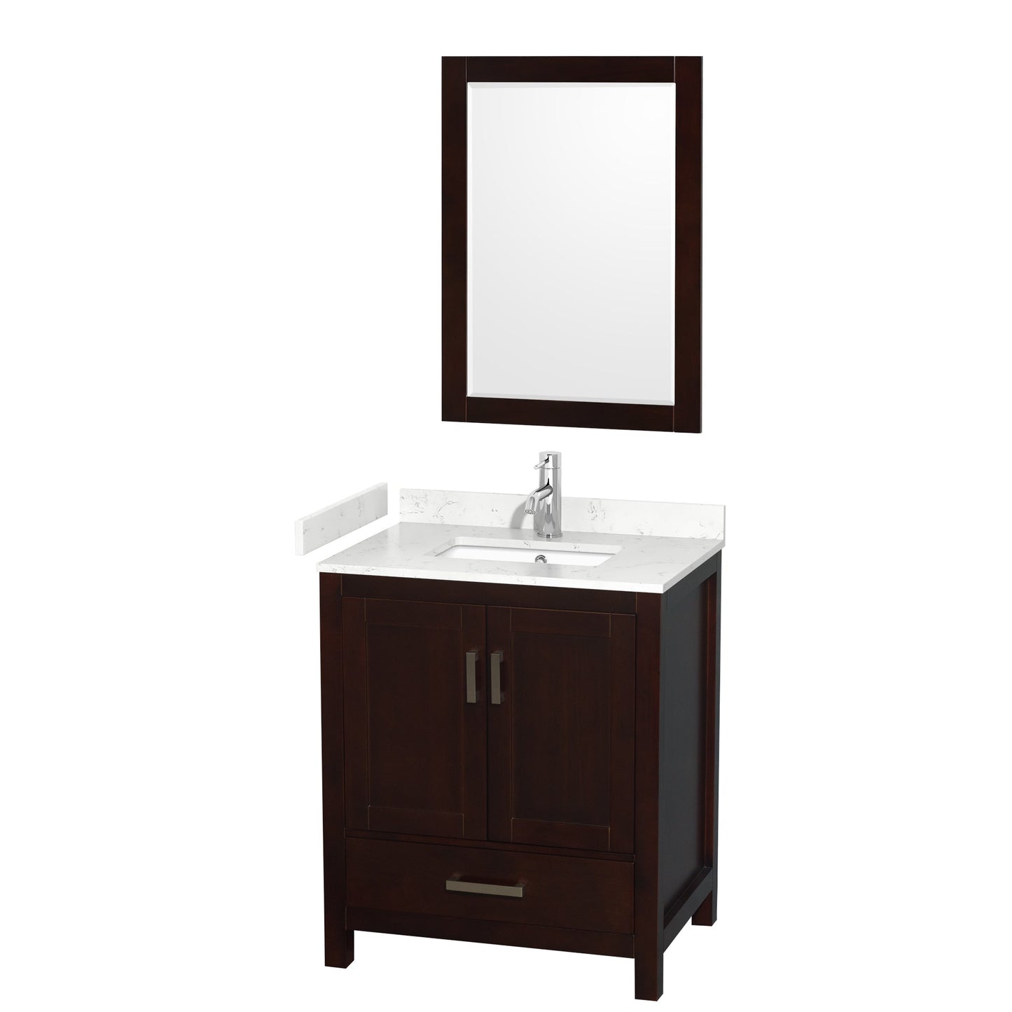 Wyndham Collection Sheffield 30" Single Bathroom Vanity in Espresso, Carrara Cultured Marble Countertop, Undermount Square Sink, 24" Mirror