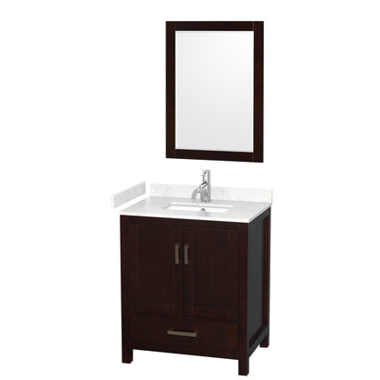 Wyndham Collection Sheffield 30" Single Bathroom Vanity in Espresso, Carrara Cultured Marble Countertop, Undermount Square Sink, 24" Mirror