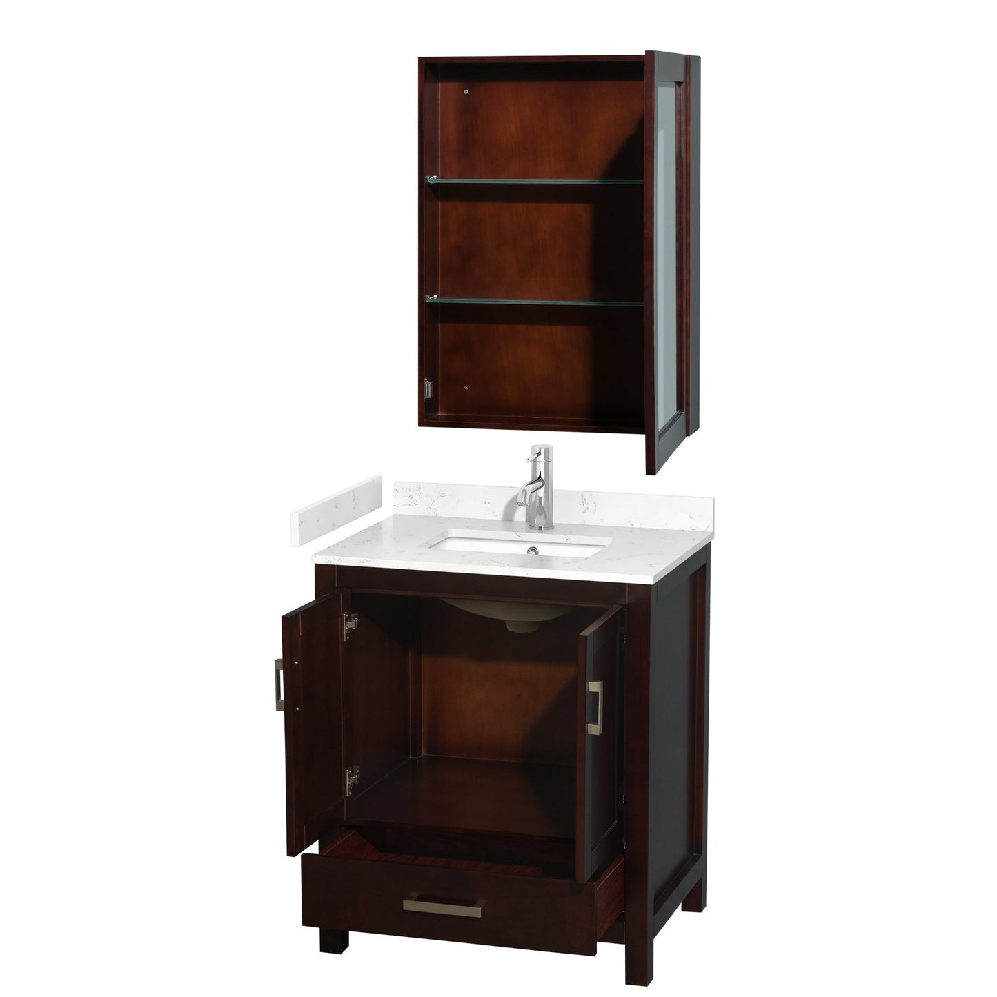 Wyndham Collection Sheffield 30" Single Bathroom Vanity in Espresso, Carrara Cultured Marble Countertop, Undermount Square Sink, Medicine Cabinet