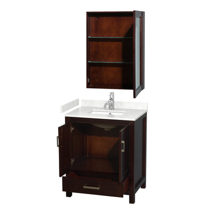 Wyndham Collection Sheffield 30" Single Bathroom Vanity in Espresso, Carrara Cultured Marble Countertop, Undermount Square Sink, Medicine Cabinet