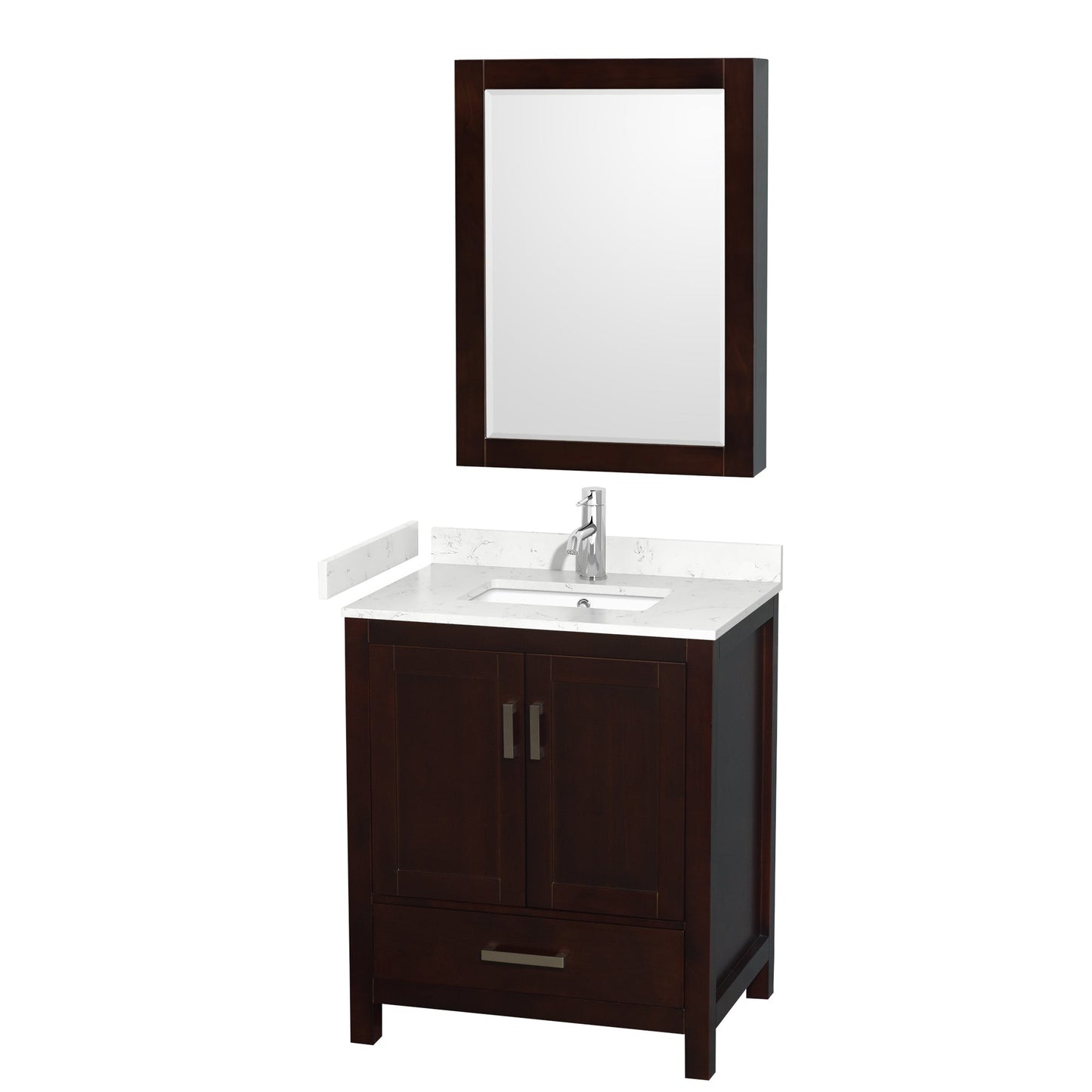 Wyndham Collection Sheffield 30" Single Bathroom Vanity in Espresso, Carrara Cultured Marble Countertop, Undermount Square Sink, Medicine Cabinet