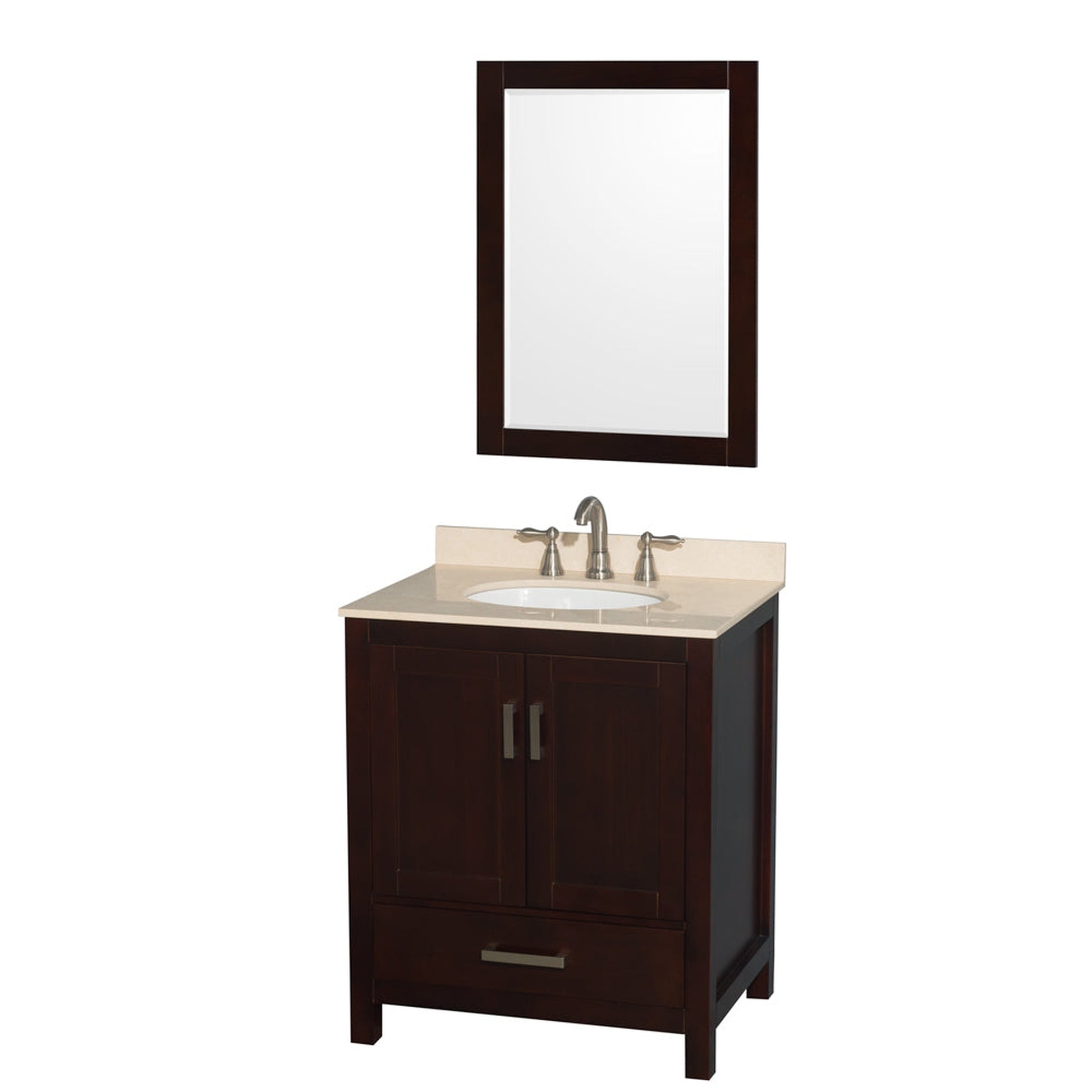 Wyndham Collection Sheffield 30" Single Bathroom Vanity in Espresso, Ivory Marble Countertop, Undermount Oval Sink, and 24" Mirror