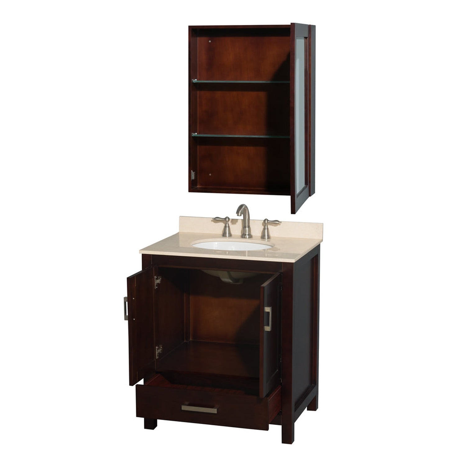 Wyndham Collection Sheffield 30" Single Bathroom Vanity in Espresso, Ivory Marble Countertop, Undermount Oval Sink, and Medicine Cabinet