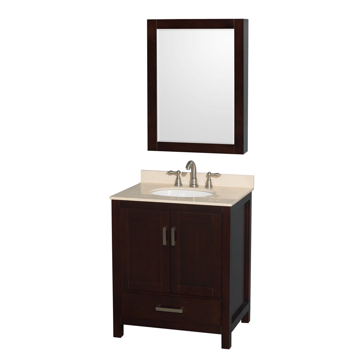 Wyndham Collection Sheffield 30" Single Bathroom Vanity in Espresso, Ivory Marble Countertop, Undermount Oval Sink, and Medicine Cabinet