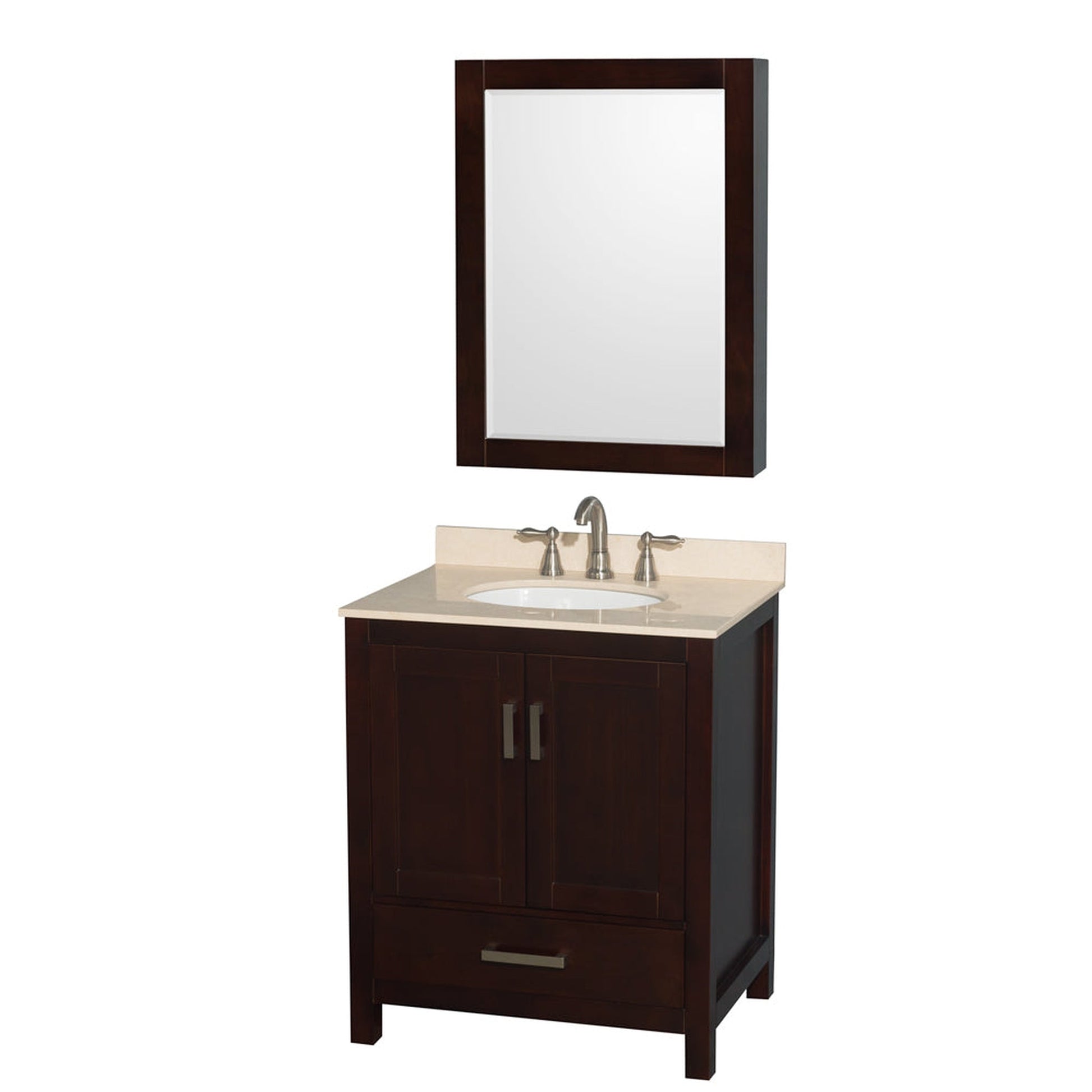 Wyndham Collection Sheffield 30" Single Bathroom Vanity in Espresso, Ivory Marble Countertop, Undermount Oval Sink, and Medicine Cabinet