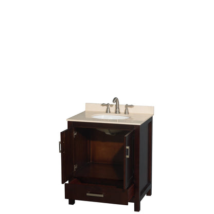 Wyndham Collection Sheffield 30" Single Bathroom Vanity in Espresso, Ivory Marble Countertop, Undermount Oval Sink, and No Mirror