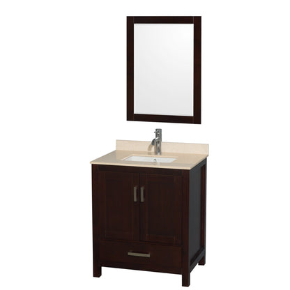 Wyndham Collection Sheffield 30" Single Bathroom Vanity in Espresso, Ivory Marble Countertop, Undermount Square Sink, and 24" Mirror