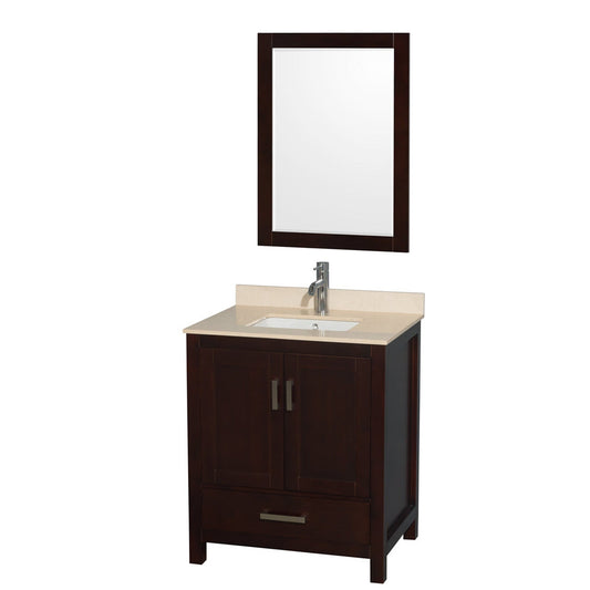 Wyndham Collection Sheffield 30" Single Bathroom Vanity in Espresso, Ivory Marble Countertop, Undermount Square Sink, and 24" Mirror