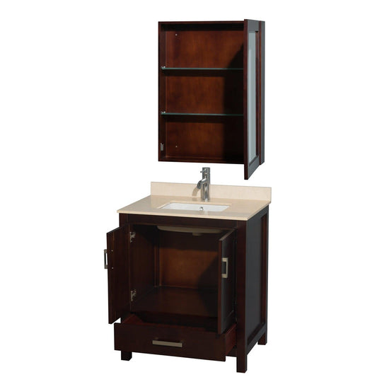 Wyndham Collection Sheffield 30" Single Bathroom Vanity in Espresso, Ivory Marble Countertop, Undermount Square Sink, and Medicine Cabinet