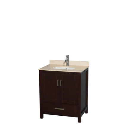 Wyndham Collection Sheffield 30" Single Bathroom Vanity in Espresso, Ivory Marble Countertop, Undermount Square Sink, and No Mirror