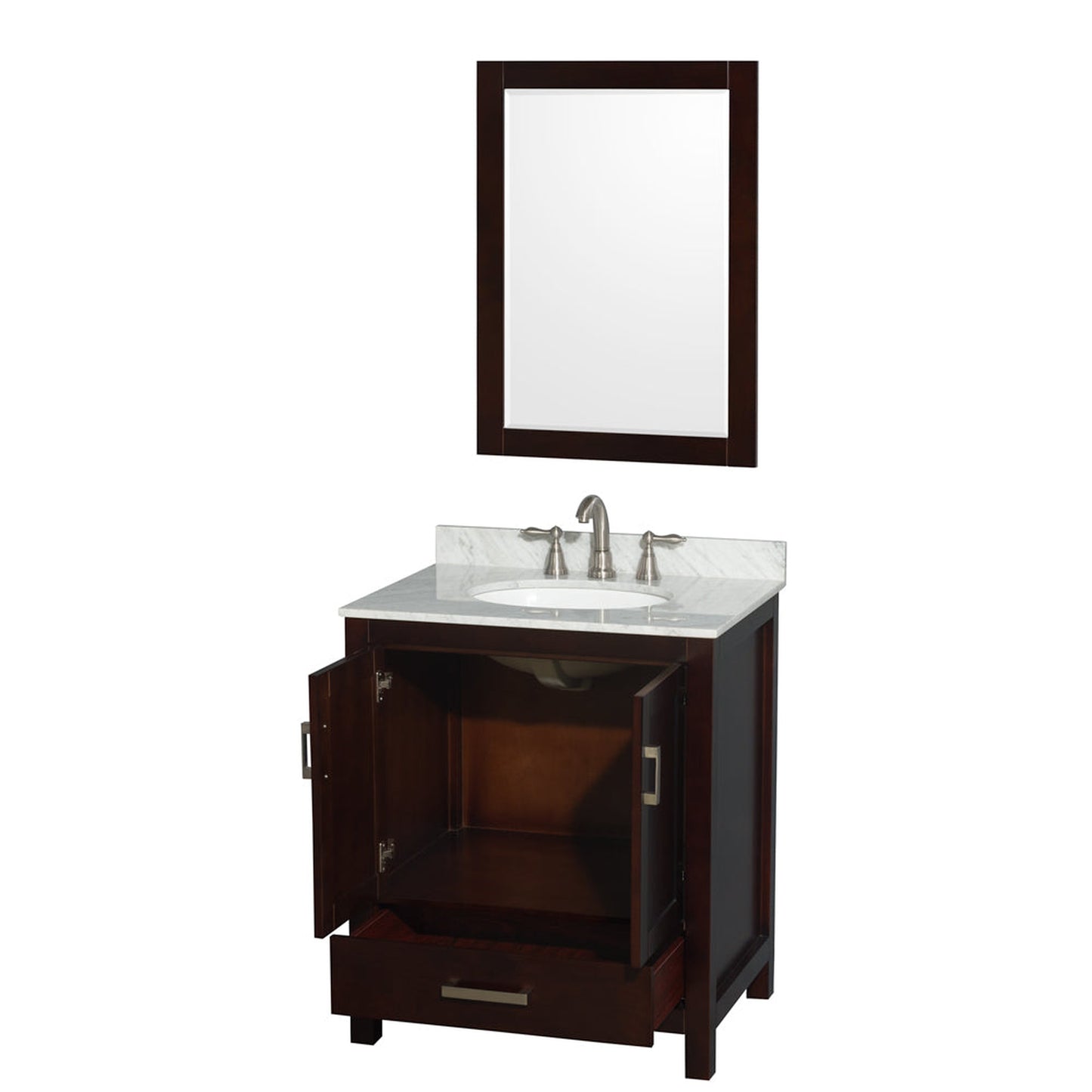 Wyndham Collection Sheffield 30" Single Bathroom Vanity in Espresso, White Carrara Marble Countertop, Undermount Oval Sink, and 24" Mirror