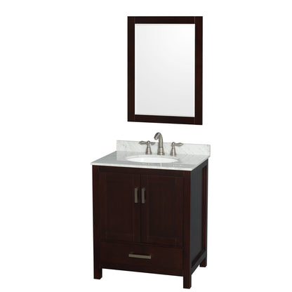 Wyndham Collection Sheffield 30" Single Bathroom Vanity in Espresso, White Carrara Marble Countertop, Undermount Oval Sink, and 24" Mirror