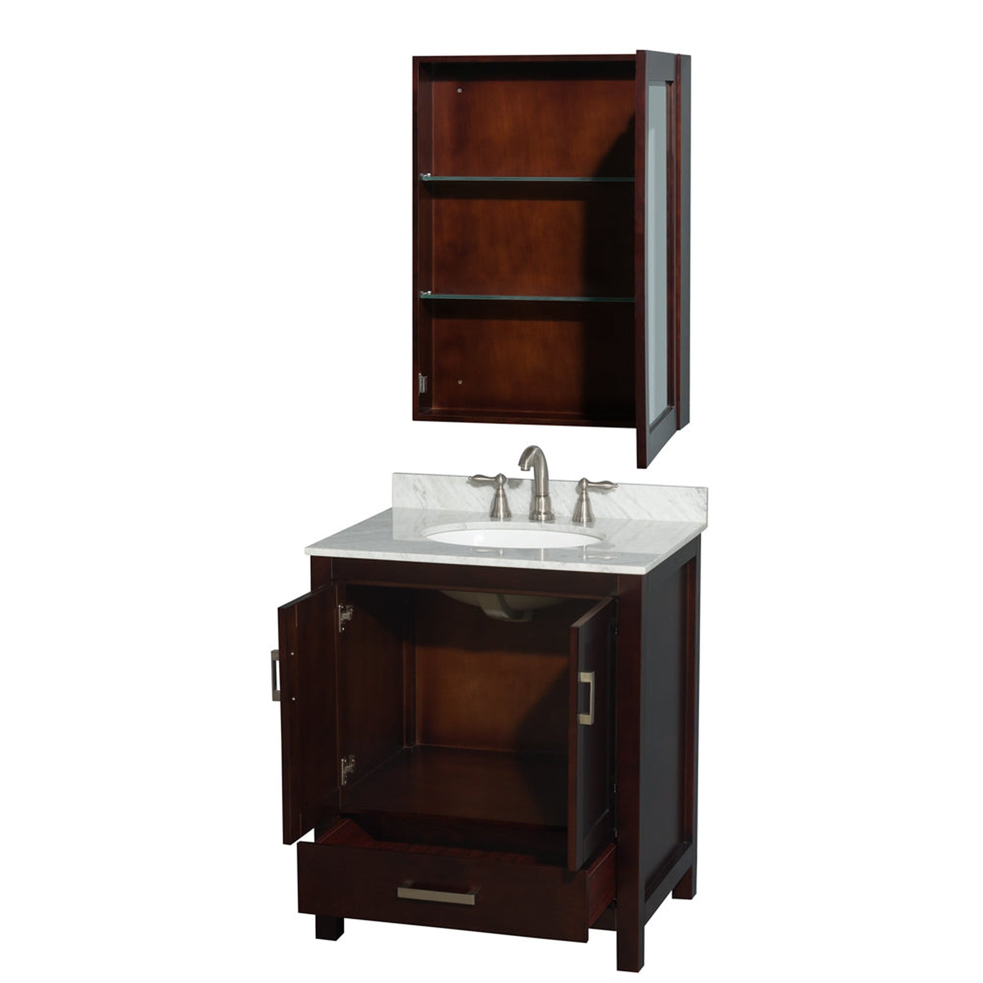Wyndham Collection Sheffield 30" Single Bathroom Vanity in Espresso, White Carrara Marble Countertop, Undermount Oval Sink, and Medicine Cabinet
