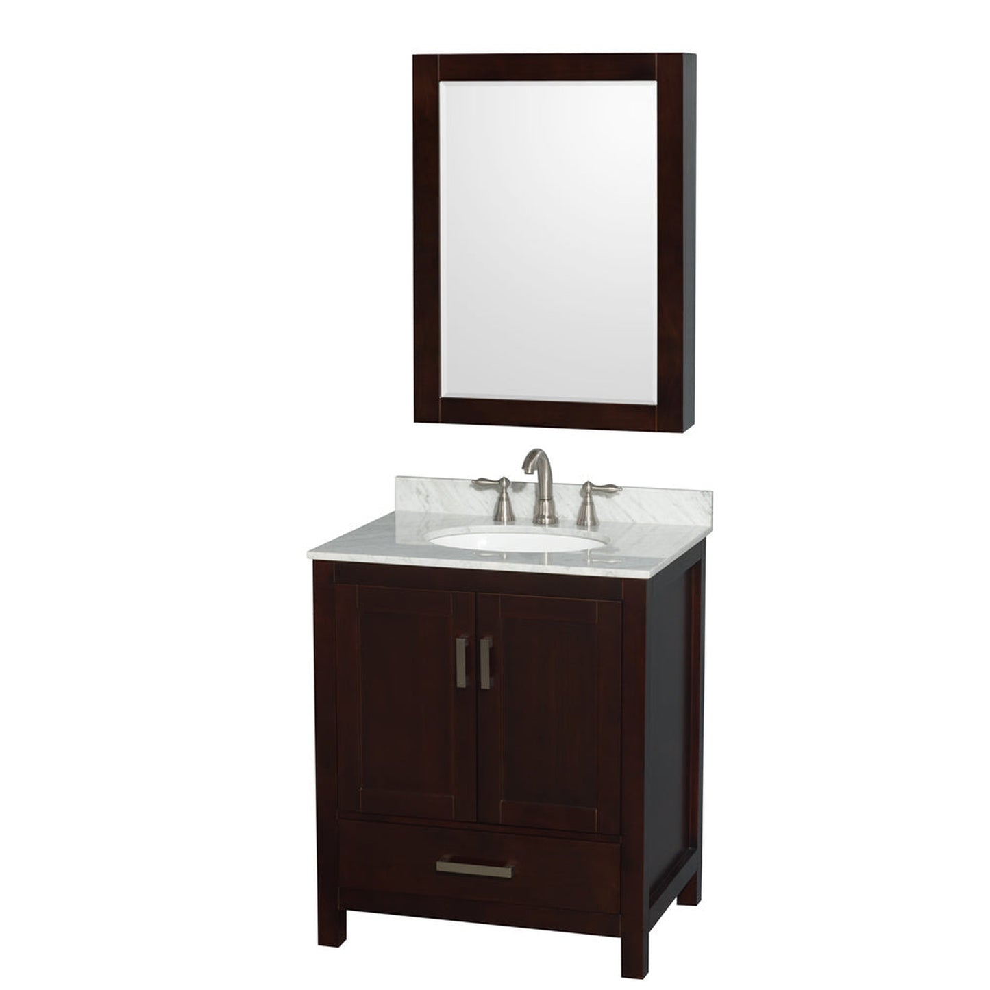 Wyndham Collection Sheffield 30" Single Bathroom Vanity in Espresso, White Carrara Marble Countertop, Undermount Oval Sink, and Medicine Cabinet