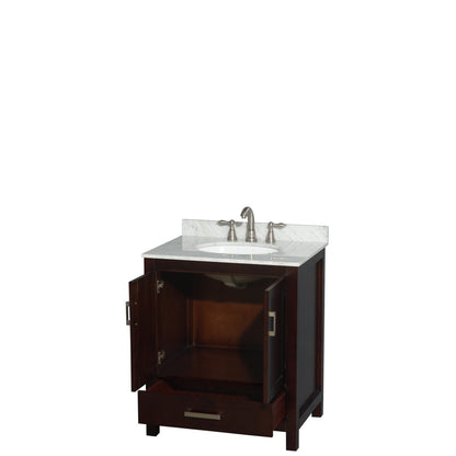 Wyndham Collection Sheffield 30" Single Bathroom Vanity in Espresso, White Carrara Marble Countertop, Undermount Oval Sink, and No Mirror