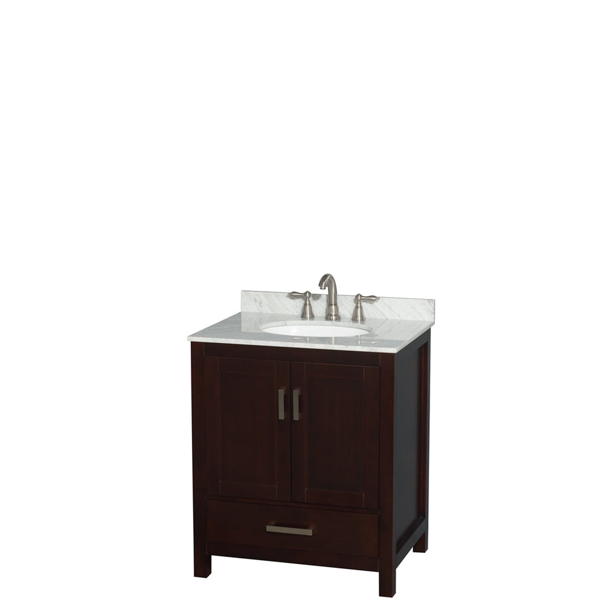 Wyndham Collection Sheffield 30" Single Bathroom Vanity in Espresso, White Carrara Marble Countertop, Undermount Oval Sink, and No Mirror