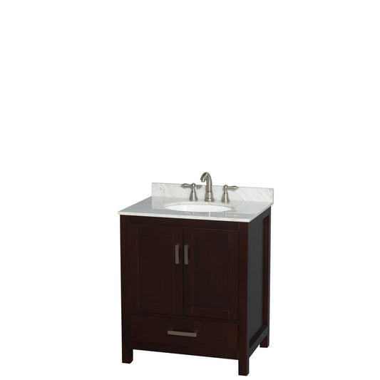 Wyndham Collection Sheffield 30" Single Bathroom Vanity in Espresso, White Carrara Marble Countertop, Undermount Oval Sink, and No Mirror