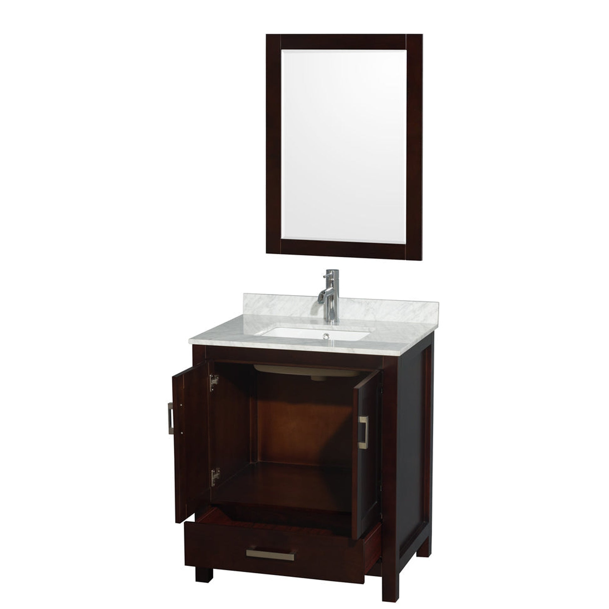 Wyndham Collection Sheffield 30" Single Bathroom Vanity in Espresso, White Carrara Marble Countertop, Undermount Square Sink, and 24" Mirror