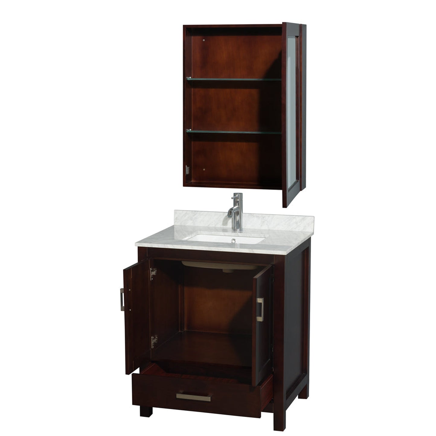 Wyndham Collection Sheffield 30" Single Bathroom Vanity in Espresso, White Carrara Marble Countertop, Undermount Square Sink, and Medicine Cabinet