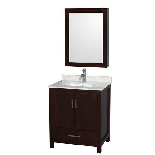 Wyndham Collection Sheffield 30" Single Bathroom Vanity in Espresso, White Carrara Marble Countertop, Undermount Square Sink, and Medicine Cabinet