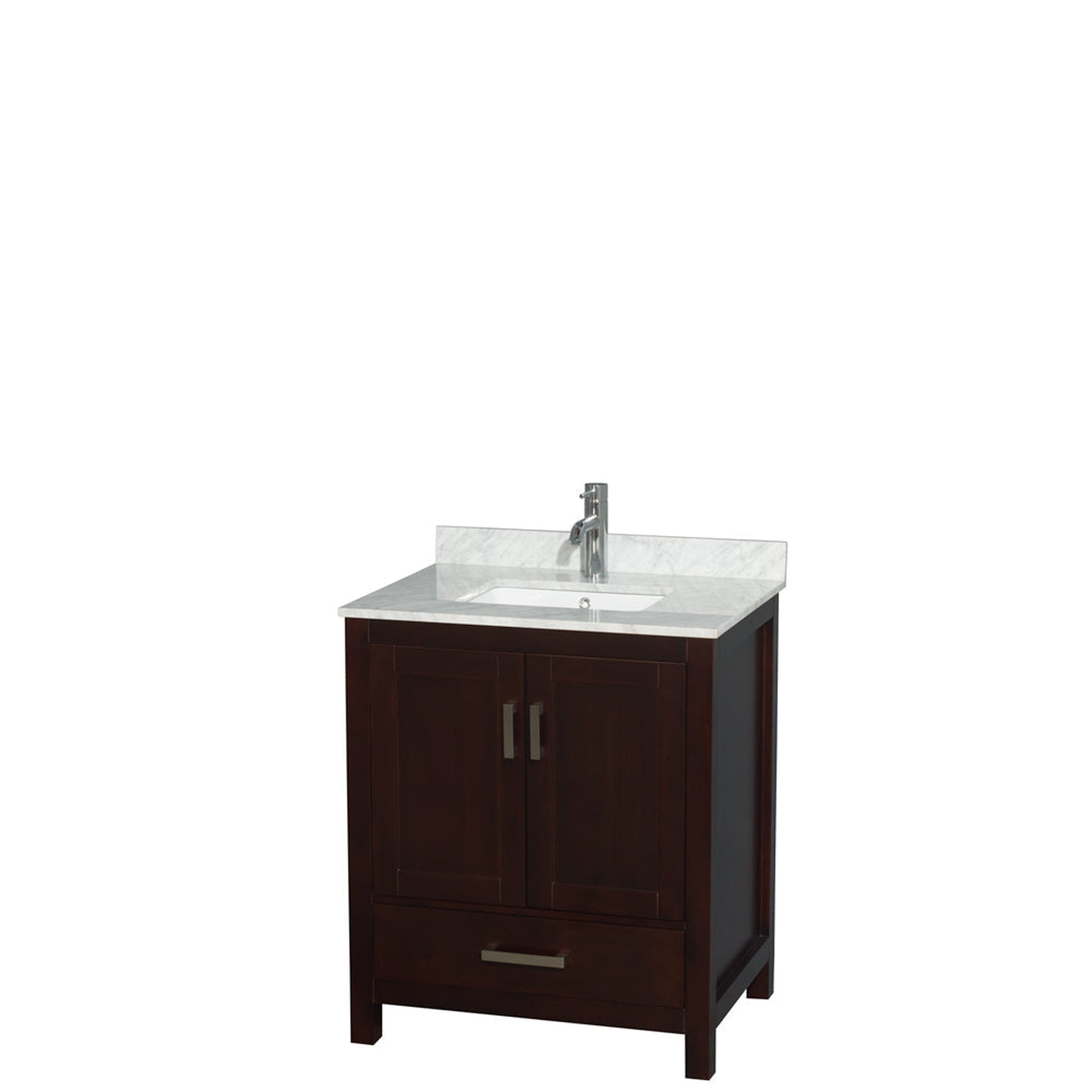 Wyndham Collection Sheffield 30" Single Bathroom Vanity in Espresso, White Carrara Marble Countertop, Undermount Square Sink, and No Mirror