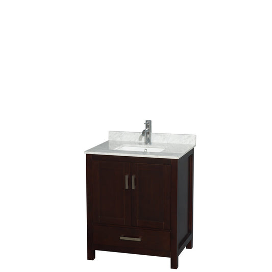 Wyndham Collection Sheffield 30" Single Bathroom Vanity in Espresso, White Carrara Marble Countertop, Undermount Square Sink, and No Mirror