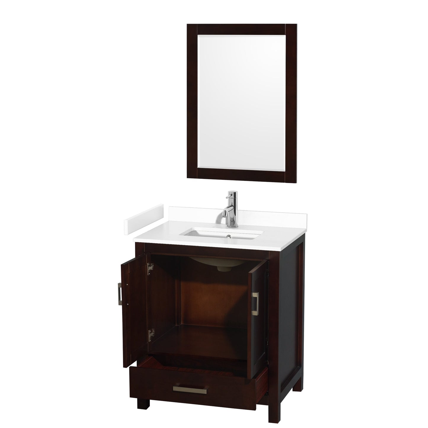 Wyndham Collection Sheffield 30" Single Bathroom Vanity in Espresso, White Cultured Marble Countertop, Undermount Square Sink, 24" Mirror