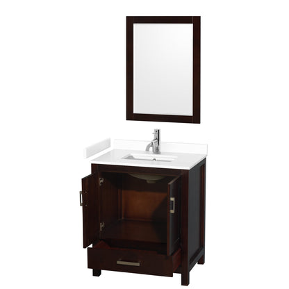 Wyndham Collection Sheffield 30" Single Bathroom Vanity in Espresso, White Cultured Marble Countertop, Undermount Square Sink, 24" Mirror
