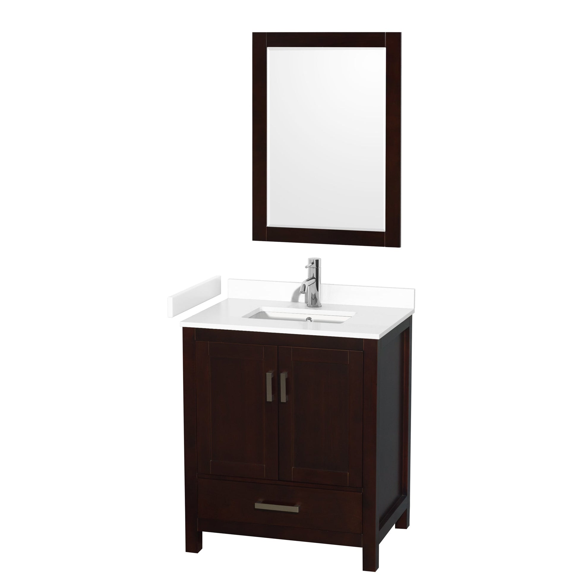 Wyndham Collection Sheffield 30" Single Bathroom Vanity in Espresso, White Cultured Marble Countertop, Undermount Square Sink, 24" Mirror