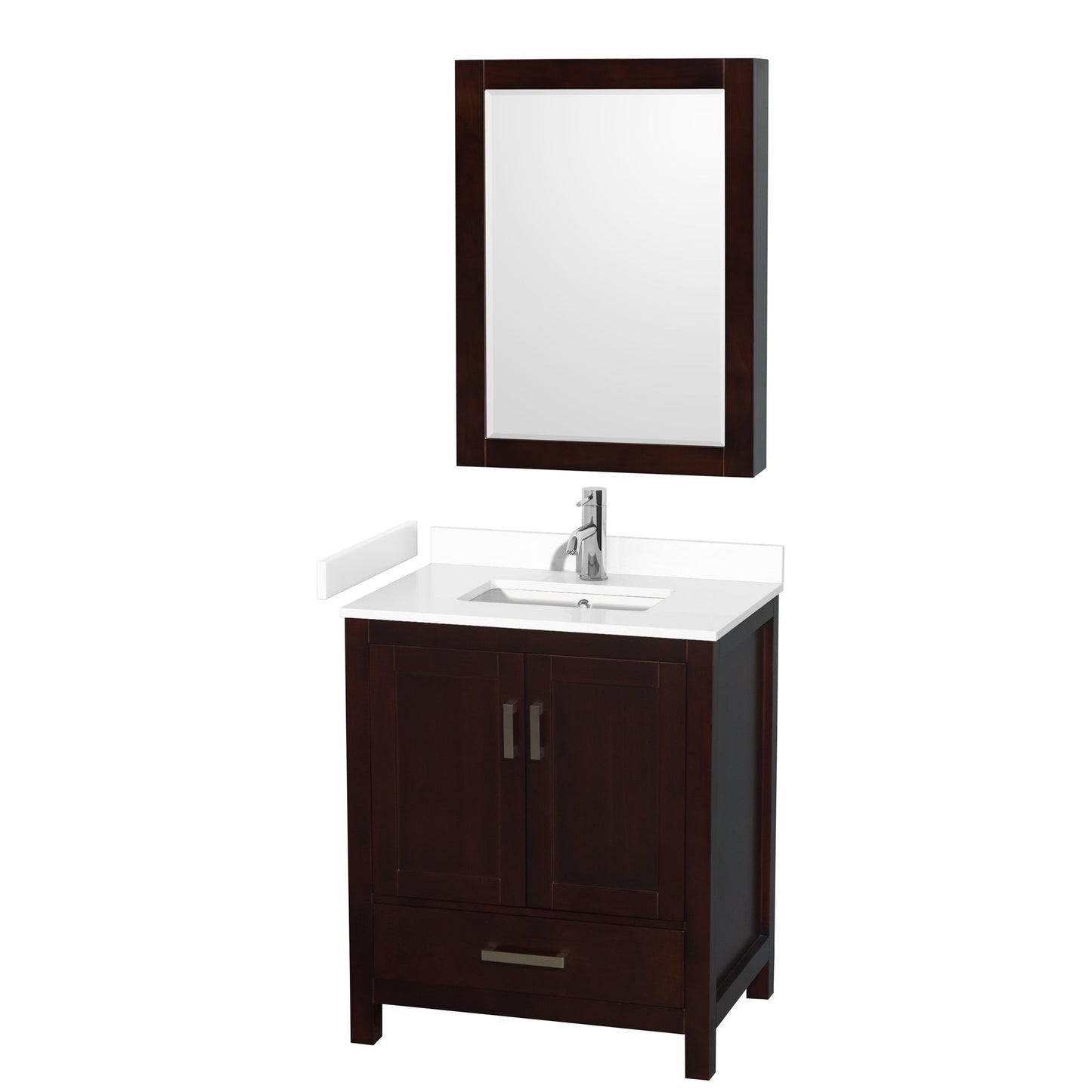 Wyndham Collection Sheffield 30" Single Bathroom Vanity in Espresso, White Cultured Marble Countertop, Undermount Square Sink, Medicine Cabinet