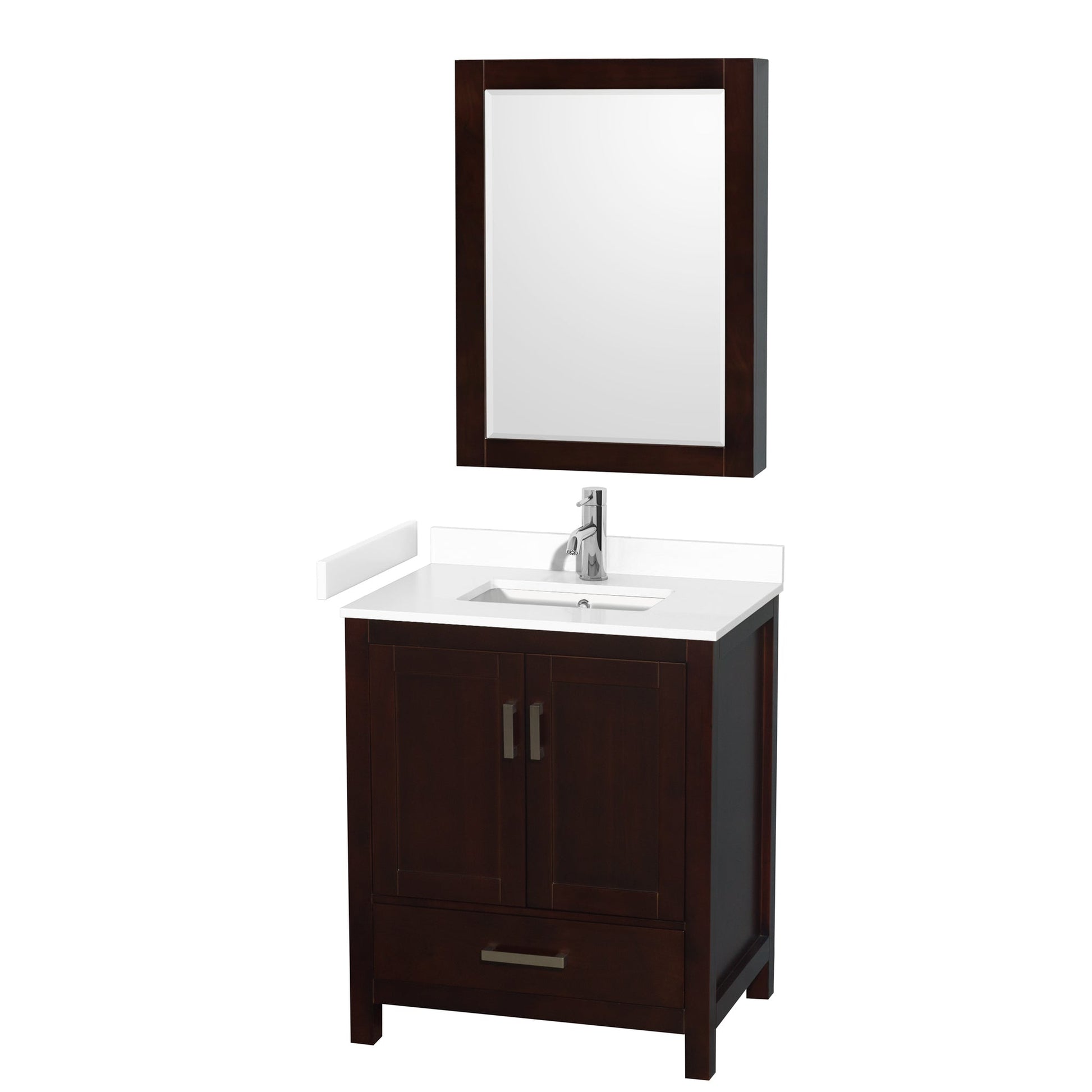 Wyndham Collection Sheffield 30" Single Bathroom Vanity in Espresso, White Cultured Marble Countertop, Undermount Square Sink, Medicine Cabinet