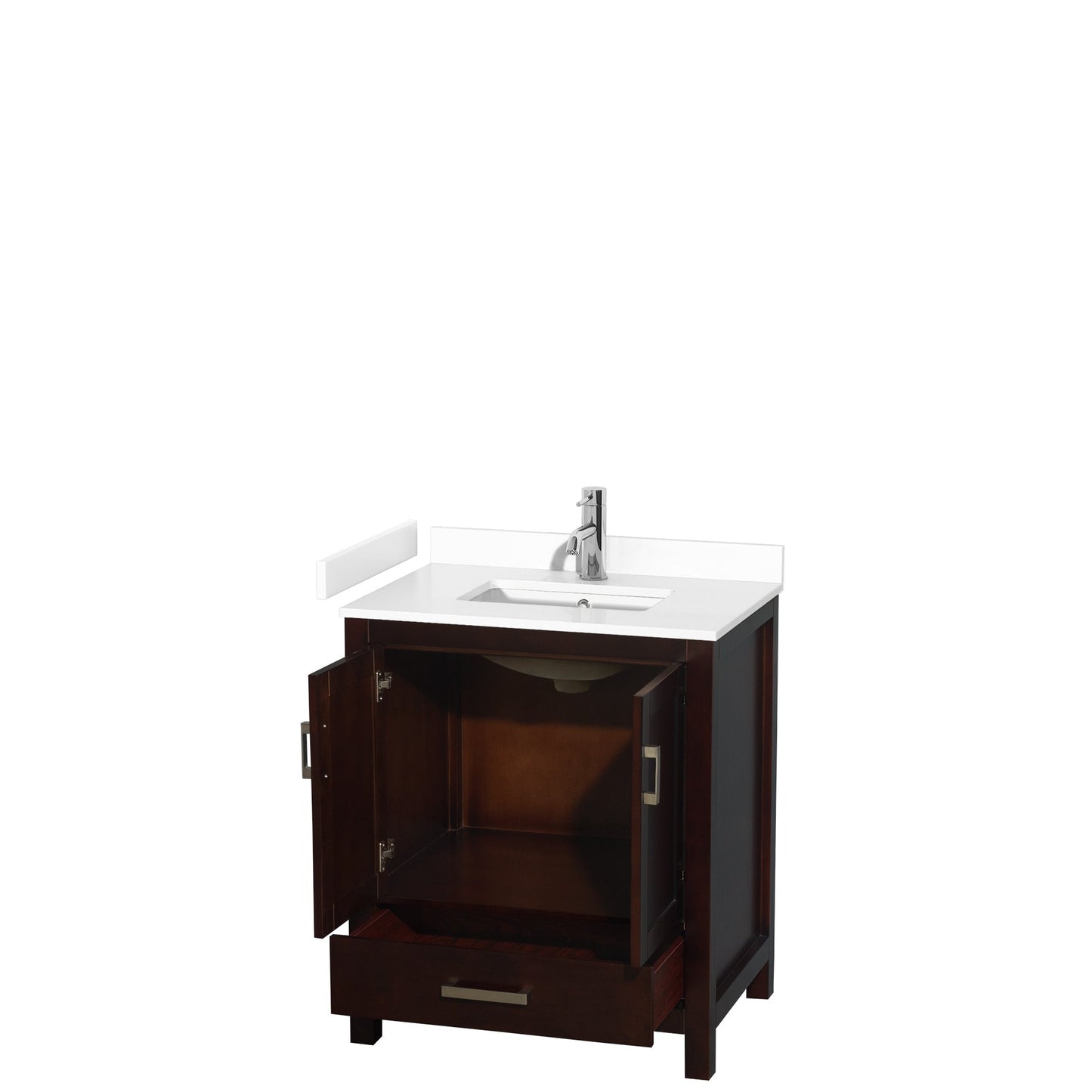 Wyndham Collection Sheffield 30" Single Bathroom Vanity in Espresso, White Cultured Marble Countertop, Undermount Square Sink, No Mirror