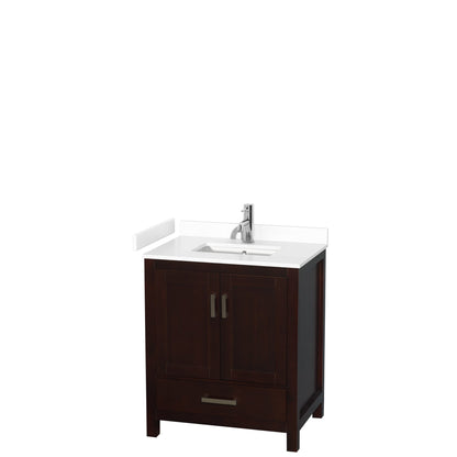 Wyndham Collection Sheffield 30" Single Bathroom Vanity in Espresso, White Cultured Marble Countertop, Undermount Square Sink, No Mirror