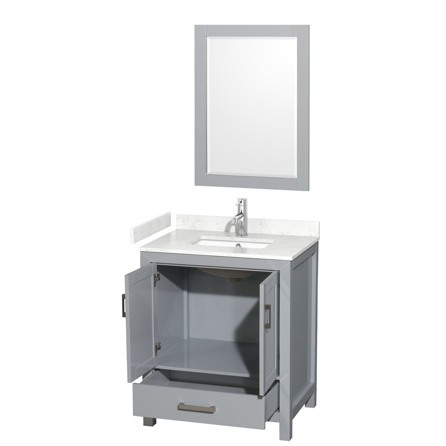 Wyndham Collection Sheffield 30" Single Bathroom Vanity in Gray, Carrara Cultured Marble Countertop, Undermount Square Sink, 24" Mirror