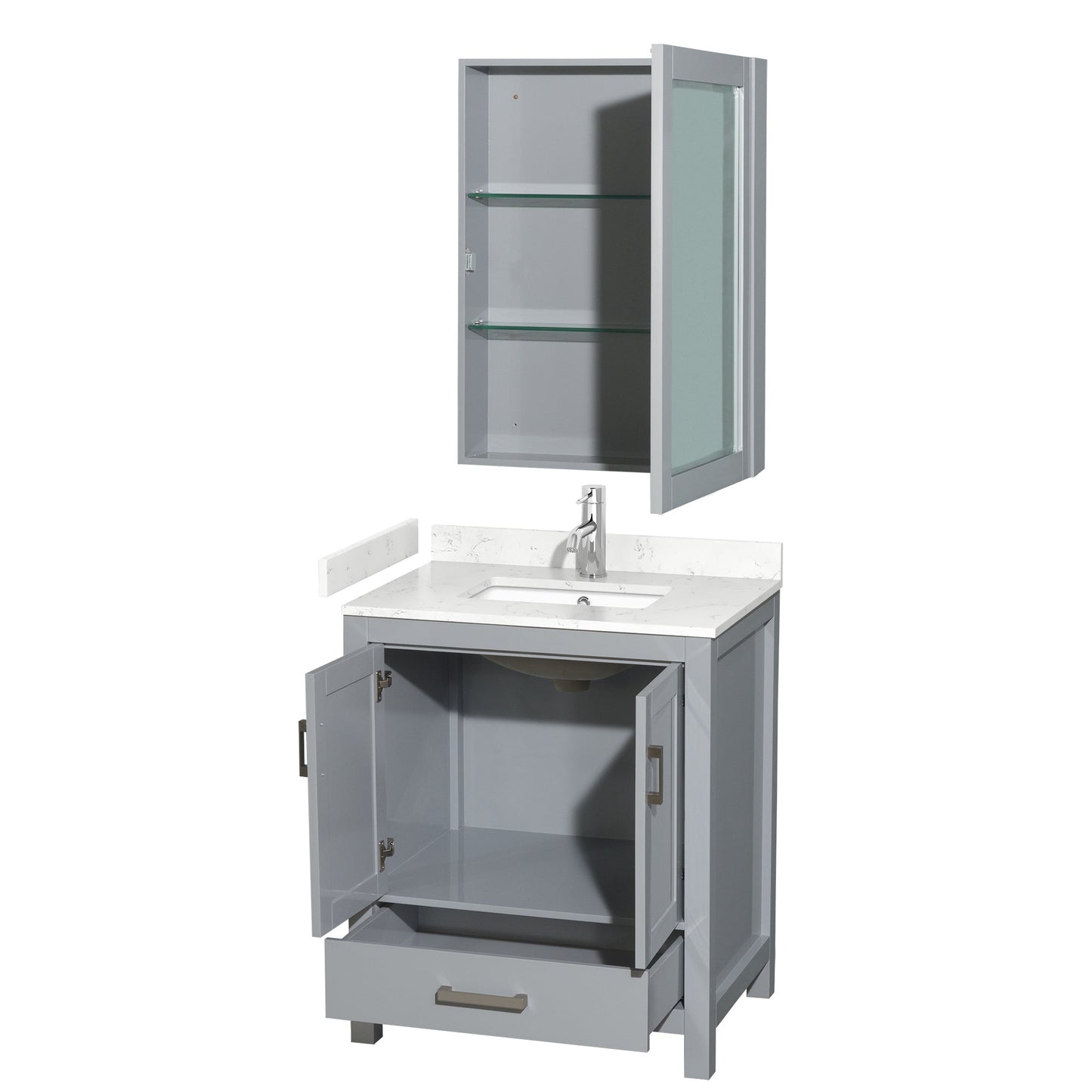 Wyndham Collection Sheffield 30" Single Bathroom Vanity in Gray, Carrara Cultured Marble Countertop, Undermount Square Sink, Medicine Cabinet